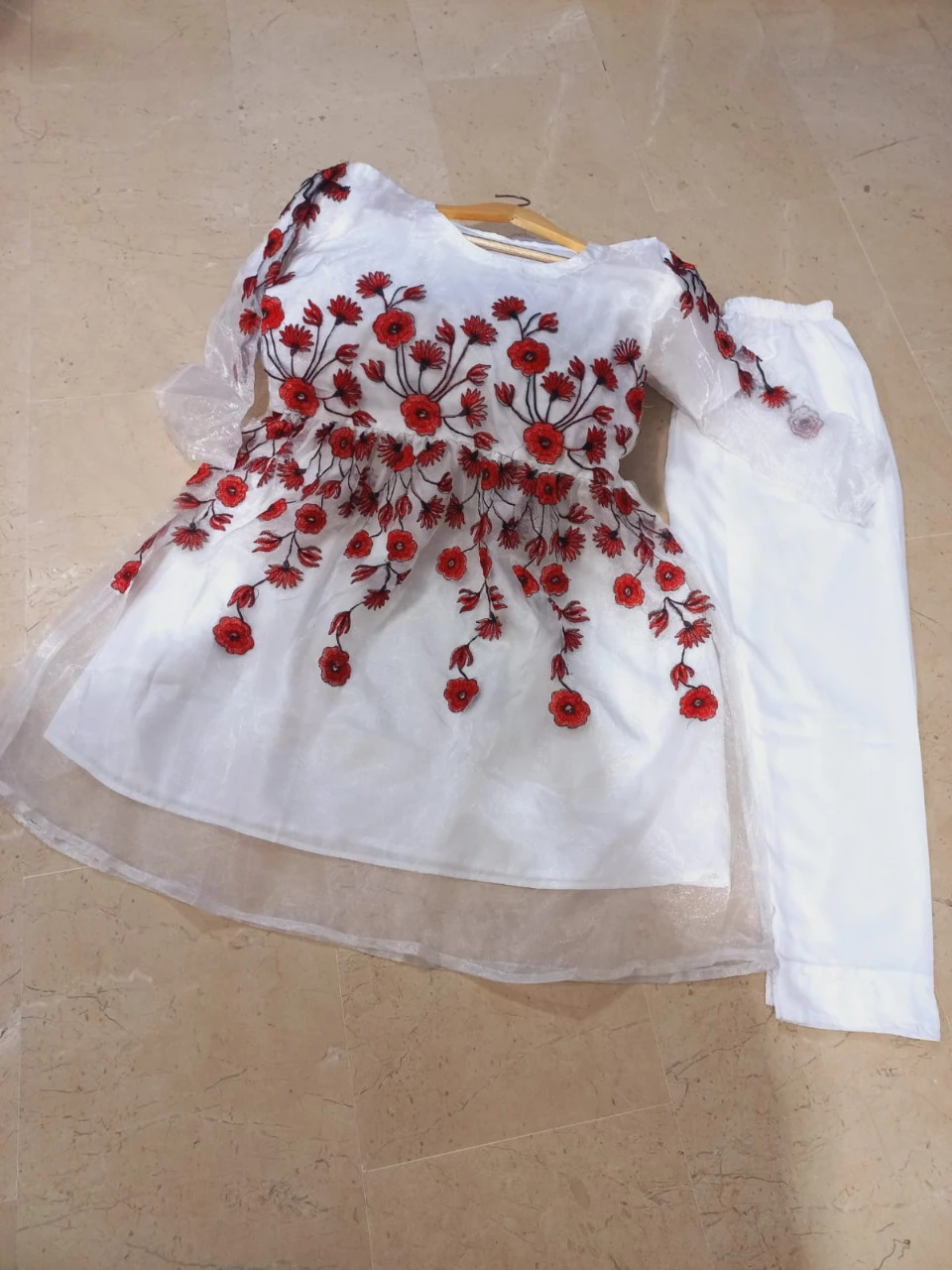 Flower Embroidered Frock with Trouser 2pcs